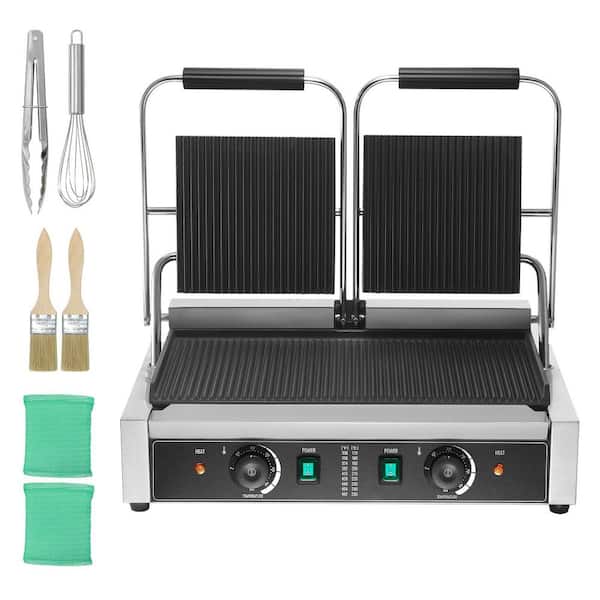 SKYSHALO Commercial Sandwich Panini Press 3,600 W Non-Stick Electric Griddle with Double Flat Plates for Steak Bacon, Silver