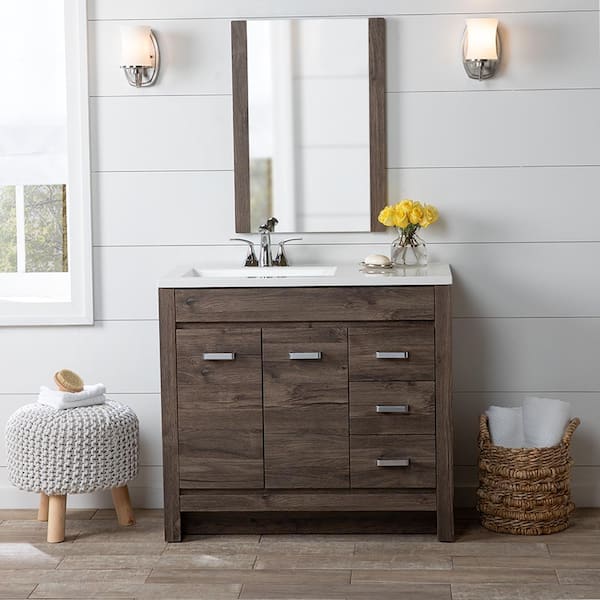 Home Decorators Collection Warford 36 in. W x 19 in. D x 33 in. H Single Sink  Bath Vanity in Vintage Oak with White Cultured Marble Top