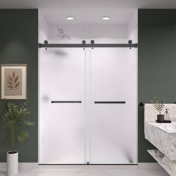 Catalyst 60 in. W x 76 in. H Double Sliding Frameless Shower Door in Matte Black with 3/8 in. Obscure Glass