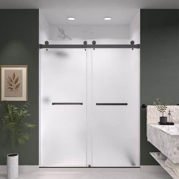 CatalystAE 68 to 72 in. W x 76 in. H Double Sliding Frameless Shower Door in Matte Black with 3/8 in. Obscure Glass