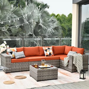 Marvel Gray 6-Piece Wicker Wide Arm Patio Conversation Set with Orange Red Cushions