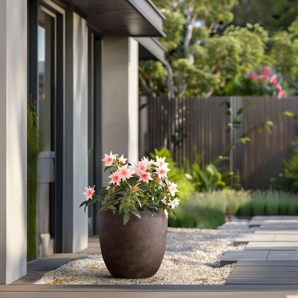 Large Earthy Brown Concrete Tall Round Planter with Drainage Hole and Textured Design (18 in. L x 18 in. W x 17 in. H)