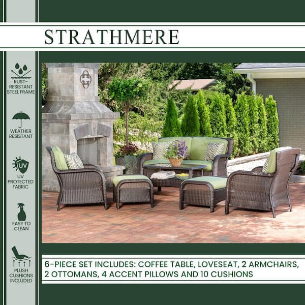 Hanover Strathmere 6-Piece Deep Wicker Patio Seating Set with Cilantro  Green Cushionsw, 4-Pillows, Coffee Table STRATHMERE6PC - The Home Depot