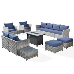 Eufaula Gray 13-Piece Wicker Modern Outdoor Patio Fire Pit Conversation Sofa Seating Set with Denim Blue Cushions
