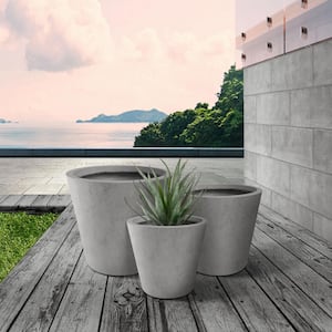 Large, Medium, Small Round Natural Finish Lightweight Concrete and Weather Resistant Fiberglass Planters (Set of 3)