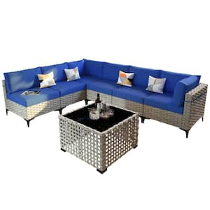 Taurus 7-Piece Wicker Outdoor Sectional Set with Navy Blue Cushions