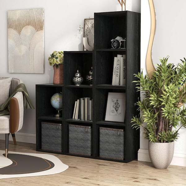 Quincy 35.27 in. Tall Stackable Black Engineered wood 3-Shelf Modern Modular Slim Bookcase