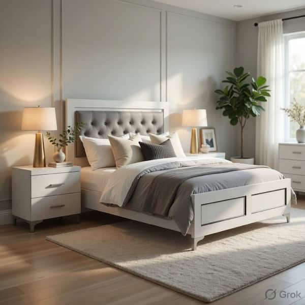 Benjara 3-Piece White Wood Queen Size Bedroom Set with Bed and Two