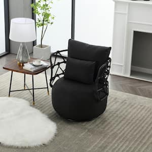 Fashionable Upholstered Tufted Textured Linen Fabric Barrel Chair with Metal Stand - Black