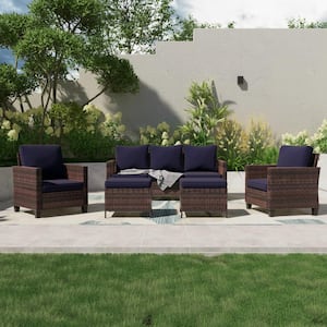 5-Piece Outdoor Patio Conversation Set Widened Back and Arm Brown Rattan 3-Seat Sofa 2-Ottomans, Navy Blue