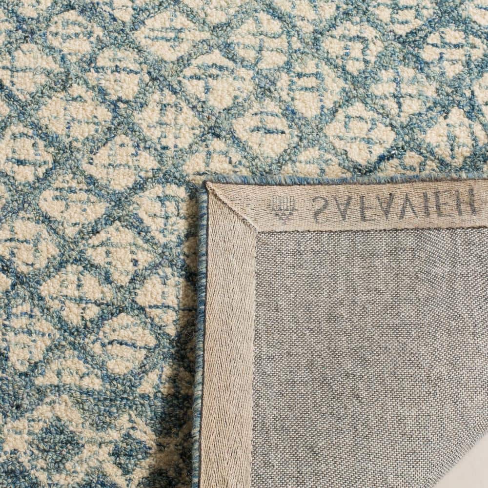 Handmade Tufted Wool Abstract Square Rug - Blue and Ivory, 4' x 4'