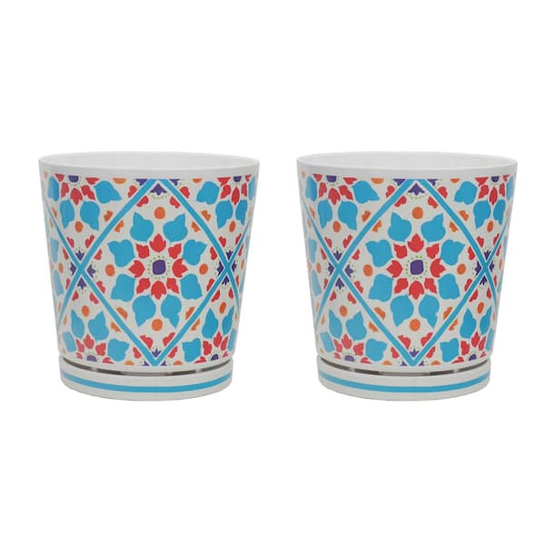 MPG 8.75 in. Dia Turquoise Floral Geometric Design Melamine Pot with In-Line Saucer (2-Pack)