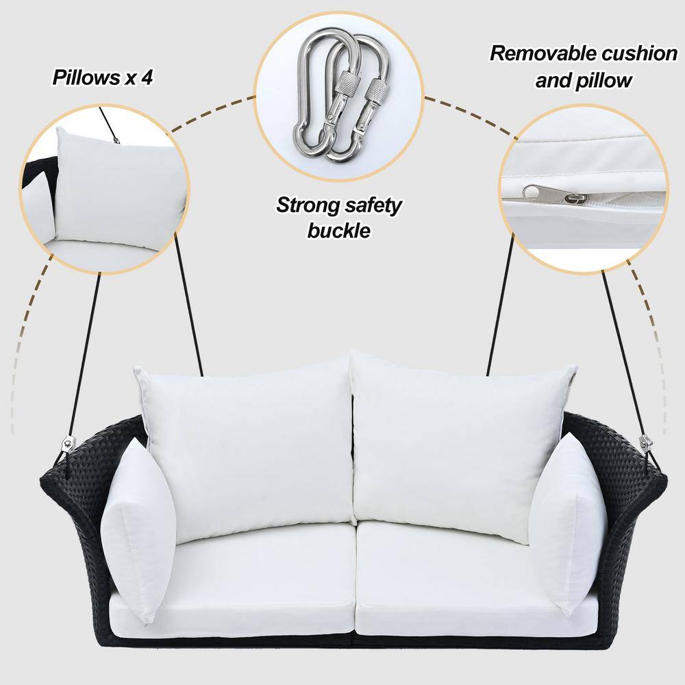 Black Wicker and White Cushion 2-Person Porch Swing