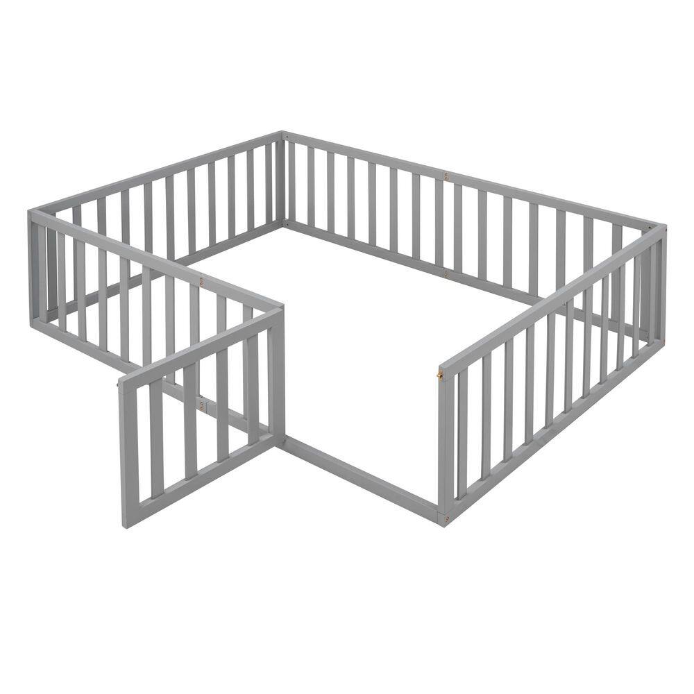 Walnut Brown Wood Frame Full Upholstered Platform Bed with Fence - thumbnail 8