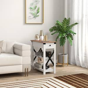 Side Table with Charging Station, End Table with 2 USB Ports and 1 Outlet, Storage Shelves for Living Room, White