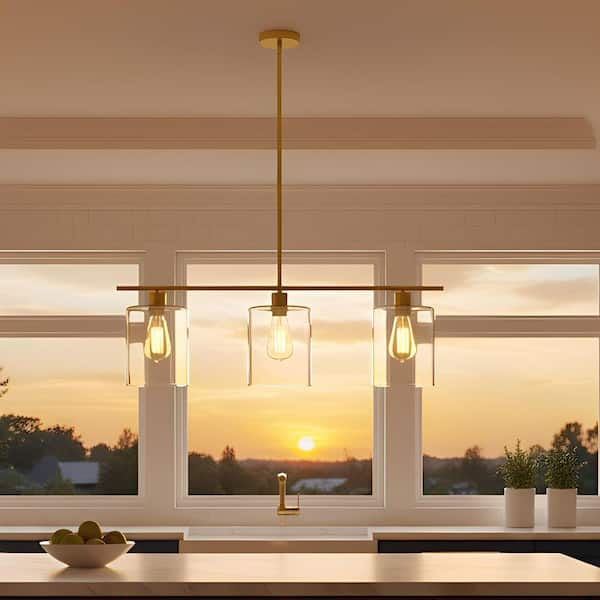 YANSUN 3-Light Gold Modern Island Pendant Light Fixtures, Linear Chandelier Hanging Light with Clear Glass Shade for Kitchen