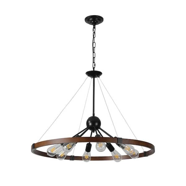 Etokfoks Farmhouse Haven 8-light Walnut/Black Circular Chandelier for Kitchen, Living and Dining Room (Bulbs Not Included)