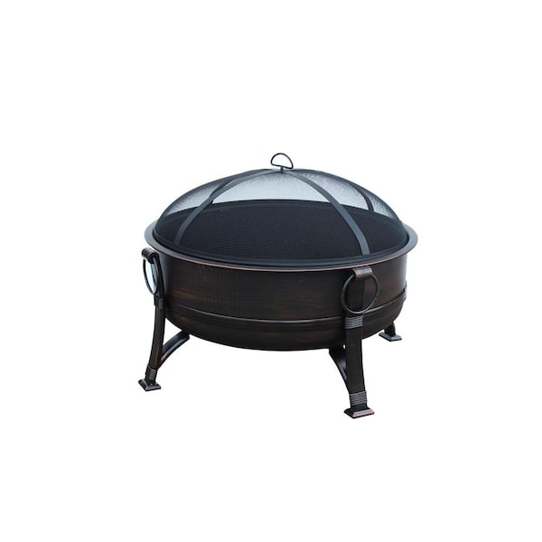 Hampton Bay Culver 34.40 in. W antique bronze Steel Wood Outdoor Fire Pit with Screen, Wood Grate, and Poker Included