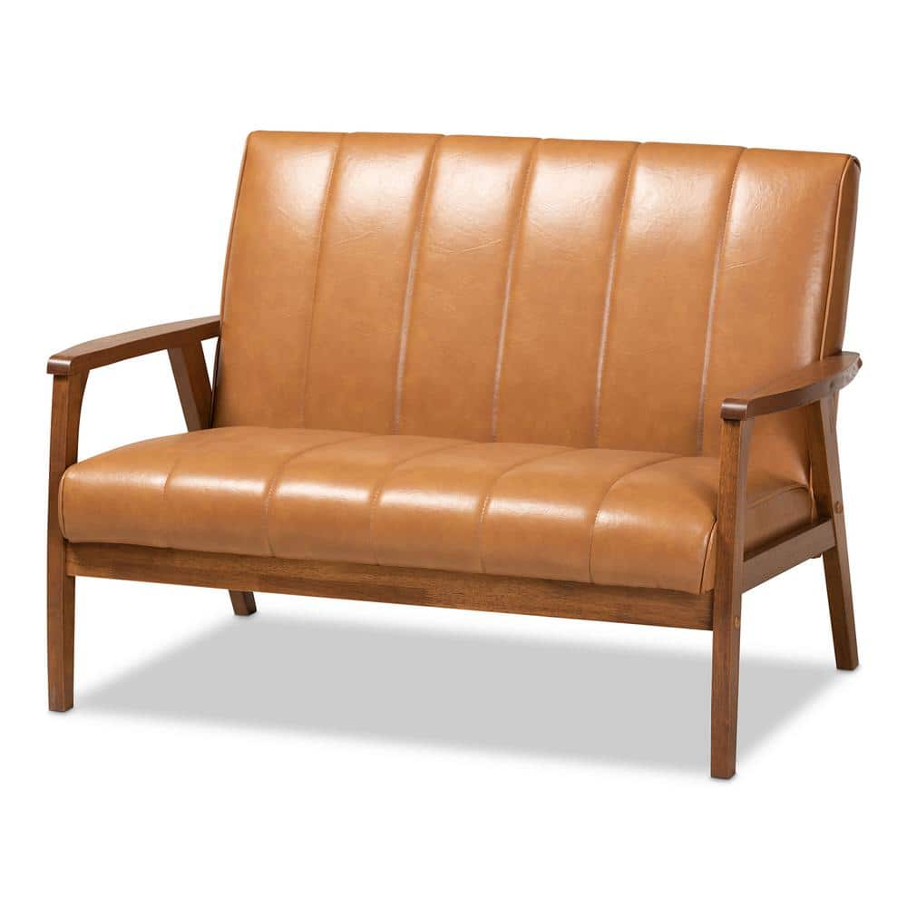 Nikko Mid-Century Modern Tan Faux Leather Loveseat with Walnut Wood