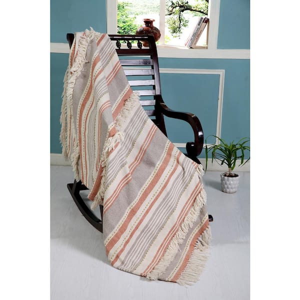 LR Home Gemma Stripes and Lines Contemporary Rust / Grey Cotton Blend Throw