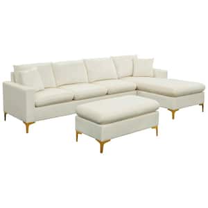 110.6 in.W Square Arm Velvet L Shaped Combination Sofa With Ottoman in Beige