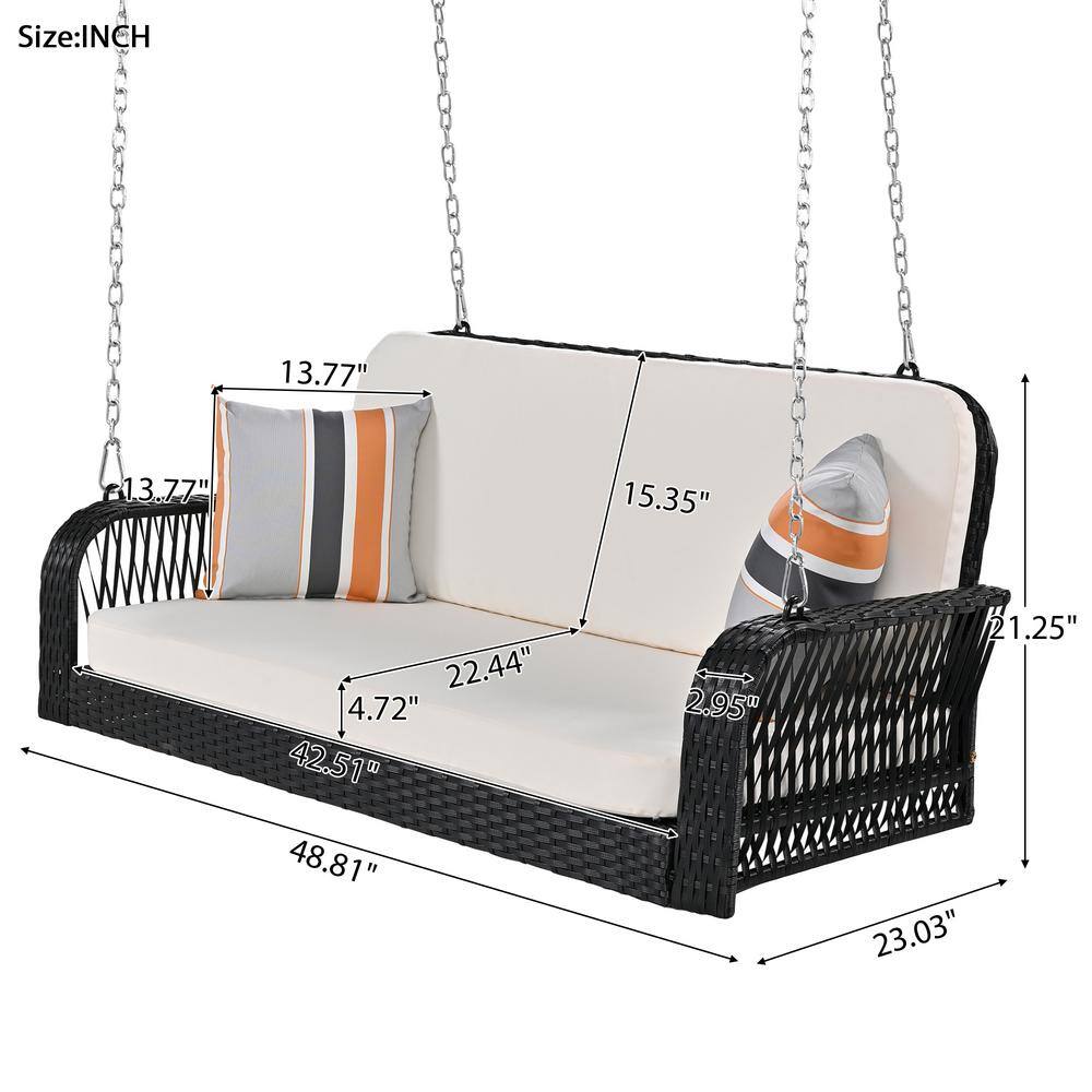 Beige and Black Aluminum Wicker Porch Swing with Cushions