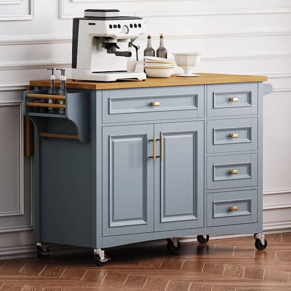 Blue Grey Wood 52 in. Kitchen Island with Drop Leaf, Wheels, Spice Rack and Towel Rack Oak Veneer Tabletop Kitchen Cart