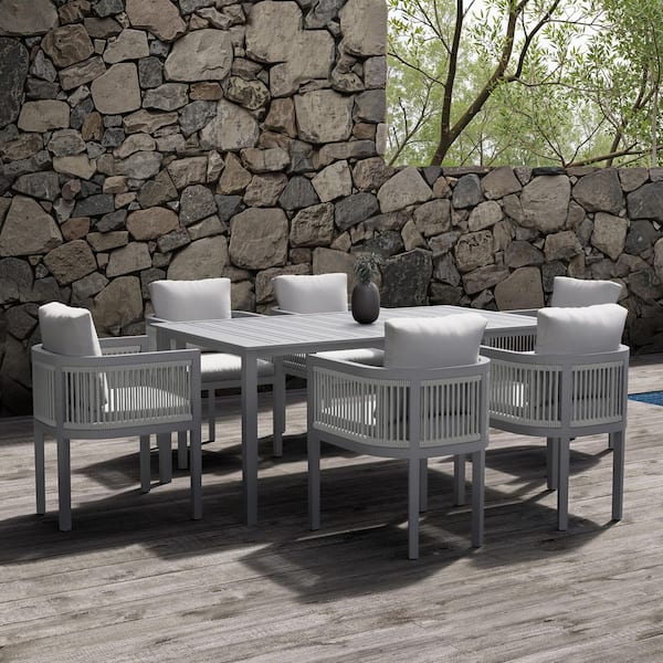 7-Piece Gray Aluminum Outdoor Dining Set with White Cushions, Rectangular Aluminum Slatted Table, Seats 6