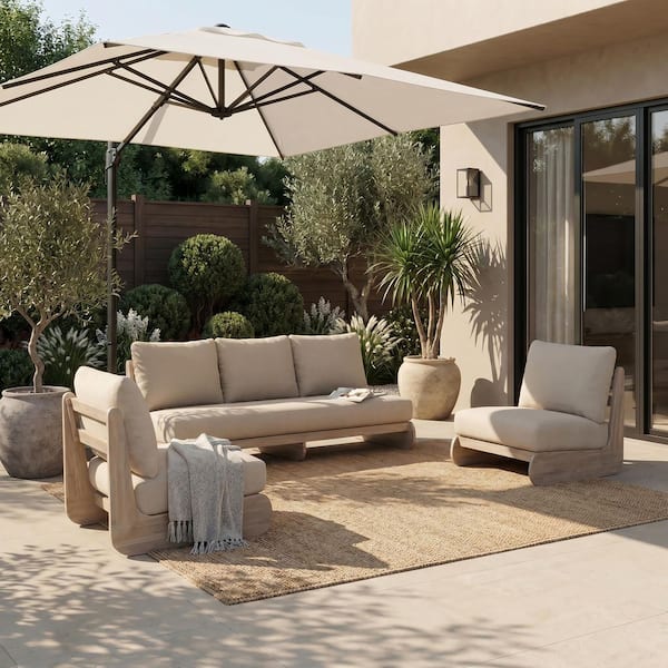 Gremix 3-Piece Light White Acacia Wood Outdoor Patio Conversation Set with Sand Cushions, Deep Seating