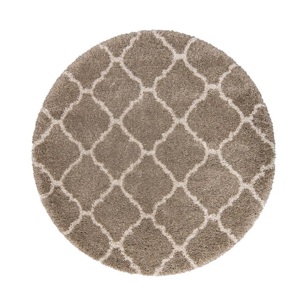 Laura Ashley Luxury Oatmeal 8 ft. Round Trellis Shag Indoor Area Rug
