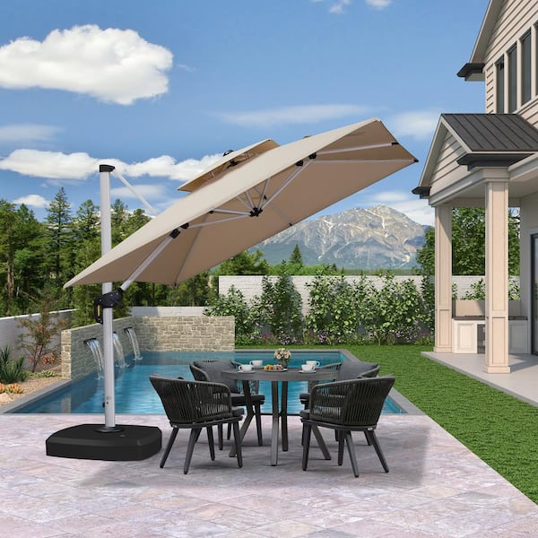 9 ft. Square High-Quality Aluminum Cantilever Outdoor Patio Umbrella with Wheels Base, Beige