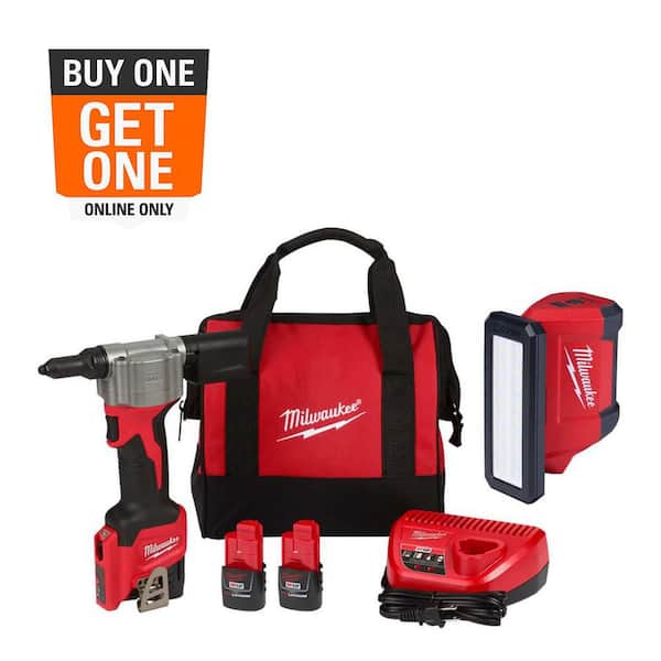M12 12-Volt Lithium-Ion Cordless Rivet Tool Kit with (2) 1. 5Ah Batteries, Charger & ROVER Flood Light with USB Charging