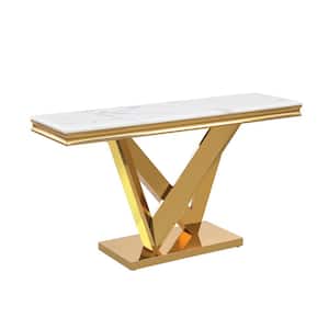 Titan 55 in. L Gold Rectangle Faux Marble Console Table
