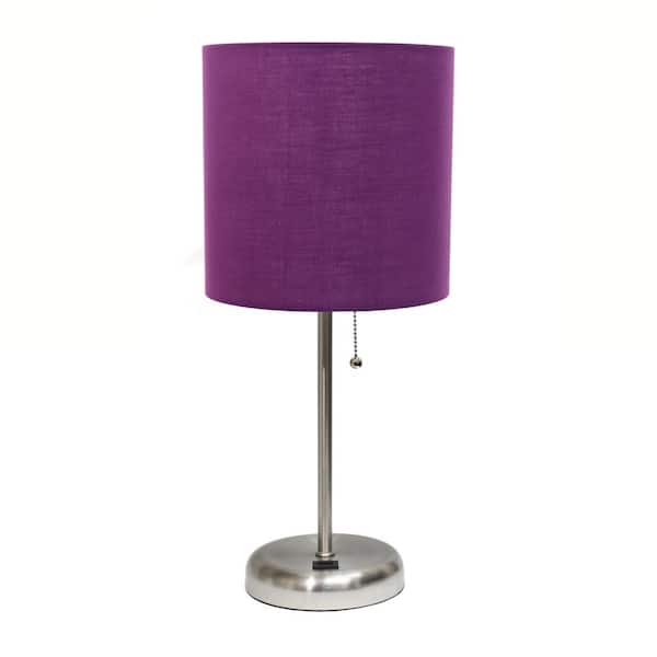 Simple Designs 19.5 in. Purple and Brushed Steel Stick Lamp with USB Charging Port