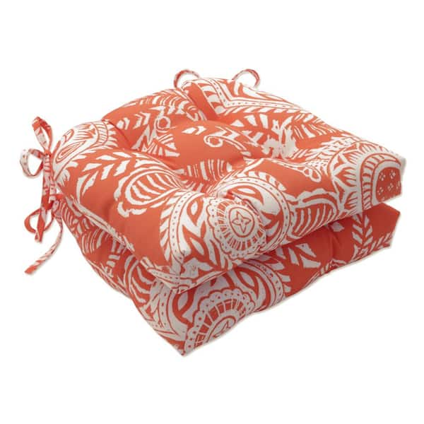 Pillow Perfect Paisley 16 in. x 15.5 in. 2-Piece Outdoor Dining Chair Cushion in Orange/Ivory Addie