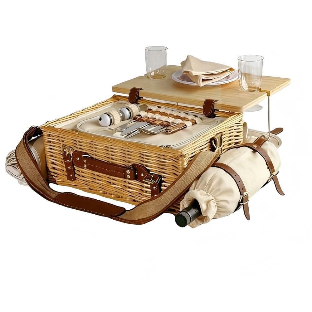 1-Piece Beige Wicker Picnic Basket Set with Insulated Compartment Foldable Table Tableware Blanket for 2 Persons Camping price history on PriceWatchPro