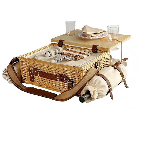 1-Piece Beige Wicker Picnic Basket Set with Insulated Compartment Foldable Table Tableware Blanket for 2 Persons Camping