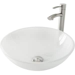 Glass Round Vessel Bathroom Sink in Frosted White with Milo Faucet and Pop-Up Drain in Brushed Nickel