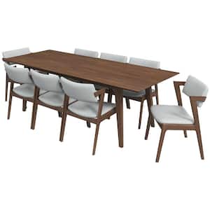 Adams 9-Piece Mid-Century Modern Rectangular Walnut Top 86 in. Dining Set with 8 Fabric Dining Chairs in Light Gray