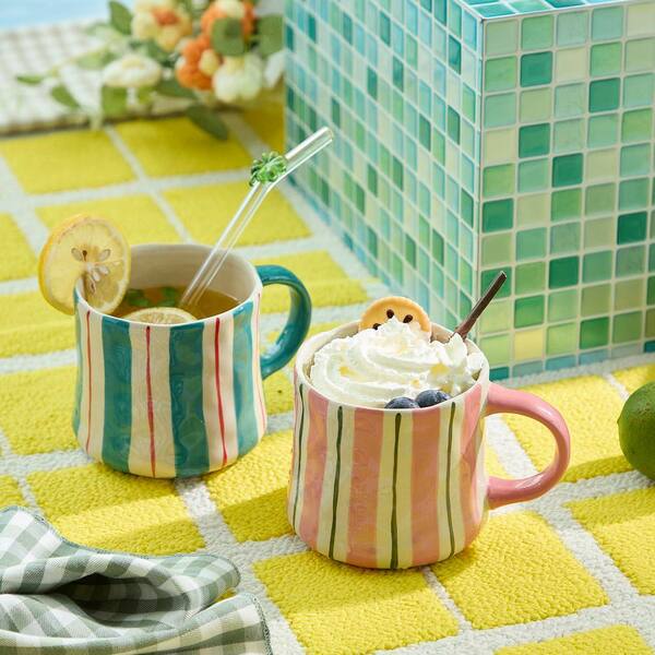 Numhew 12 oz. Multicolor Striped Ceramic Coffee Mug Set for Summer Iced Drinks and Latte, Mug Gift Set for Office (Set of 2)