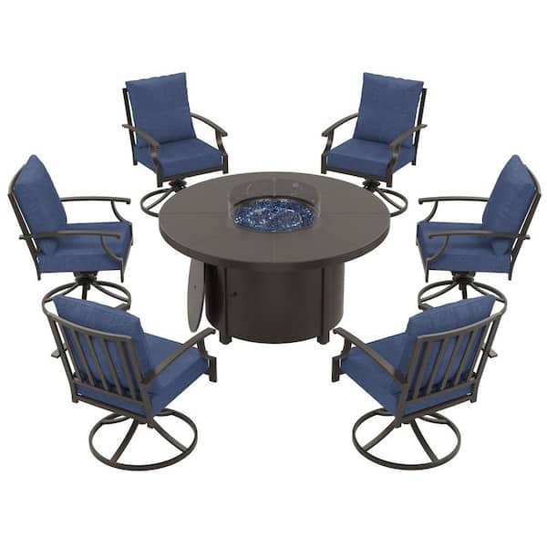 7-Piece Metal Patio Conversation Set with Round Fire Pit Table, 6 Swivel Chairs and Cushion Navyblue