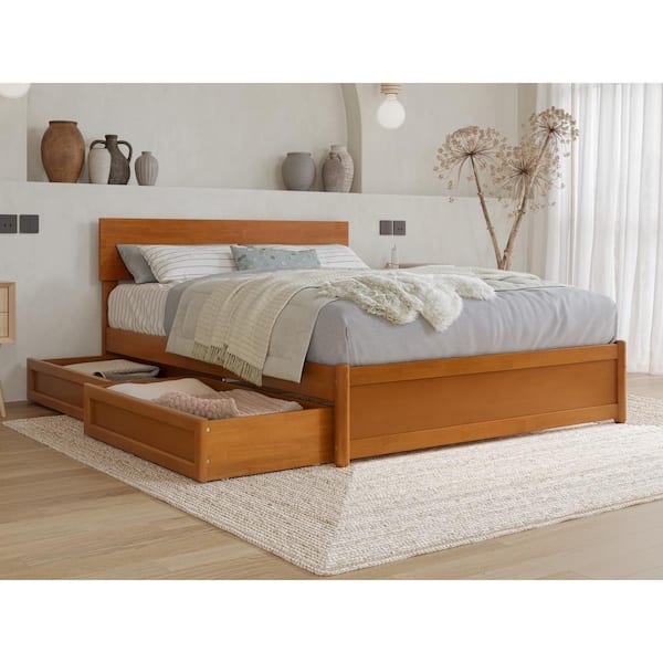 AFI Wesley Light Toffee Natural Bronze Solid Wood Frame Full Platform Bed with Panel Footboard and Storage Drawers