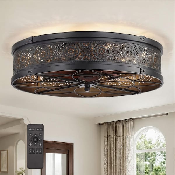 20 in. Vintage Farmhouse Caged Fandelier, Flush Mount Black Outdoor Ceiling Fan with Light, Reversible Motor, Remote&App
