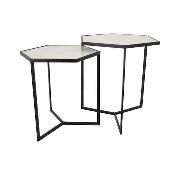 Benjara 23.25 in. White and Black Hexagonal Marble Plant Stand with 1 Tier (Set of 2)