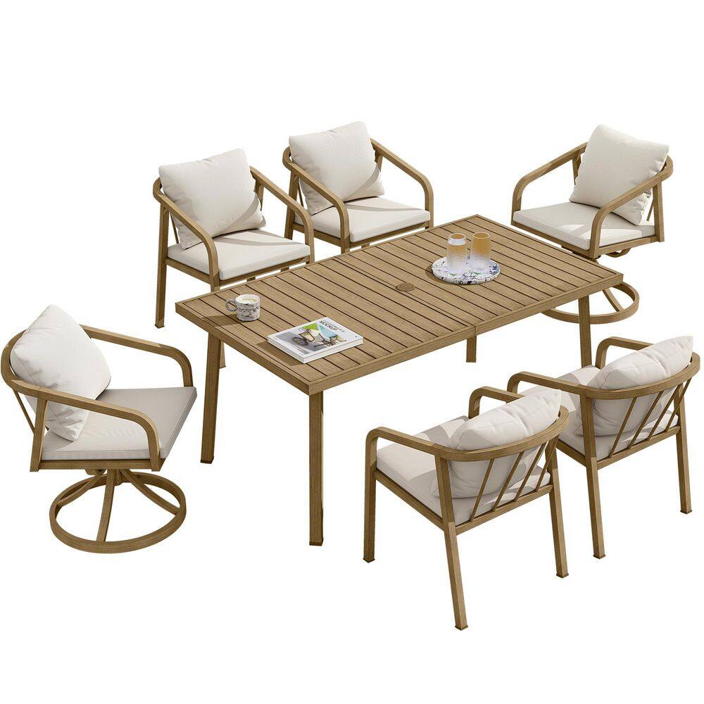 7-Piece Teak Finish Aluminum Outdoor Dining Set with Beige Cushions price history on PriceWatchPro