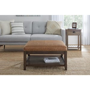 Hayesbrook Camel Brown Upholstered Square Ottoman with Nailhead Trim and Smoke Wood Accents (32" W)