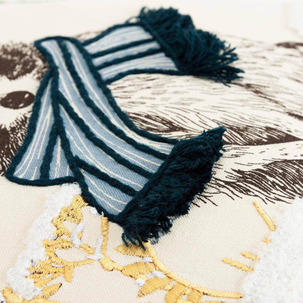 Ivory and Multicolor Embroidered Cotton Holiday Pillow with Raccoon Design