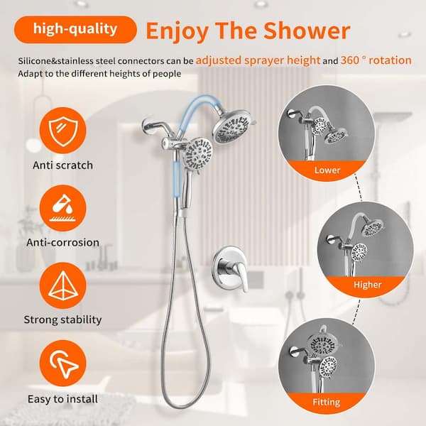 8-Spray Shower Faucet Set Hand Held Shower & Rain Shower Separately or Together with Stainless Steel Hose in Chrome