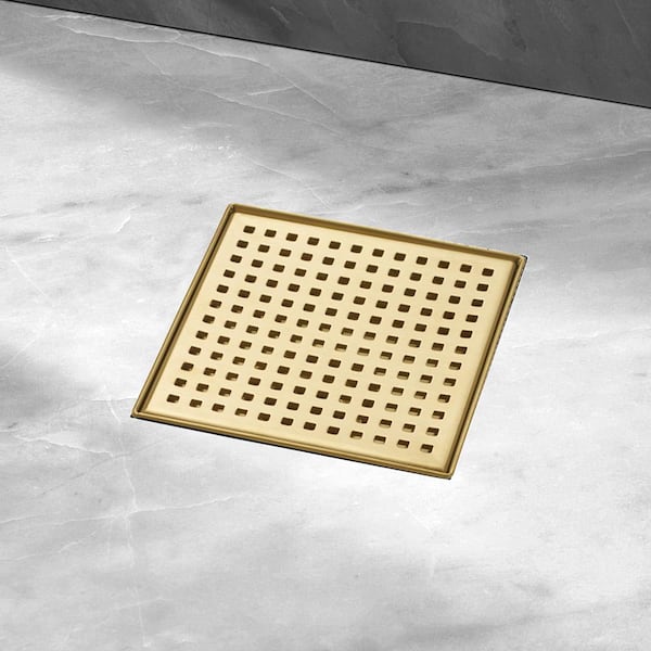 Satico Stainless Steel Square Shower Floor Drain with Square Pattern Drain Cover, Brushed Gold