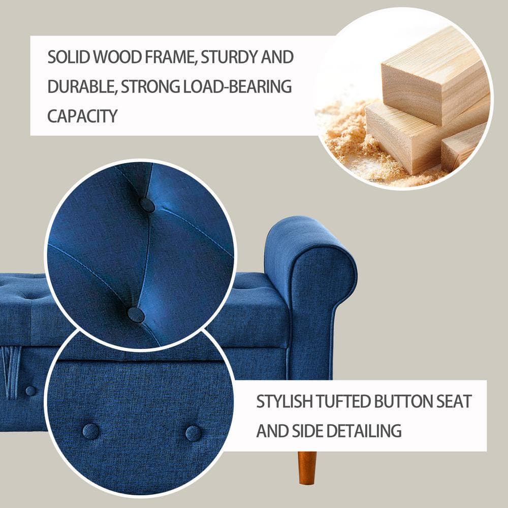 Blue Linen Tufted Storage Bench with Rolled Arms